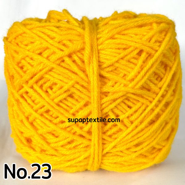 ไหมพรมราคาถูก NO.23 เหลือง ไหมเส้นนุ่ม ถักลื่น ถักง่ายดีมาก ขนาดเส้นประมาณ 2 mm. เหมาะกับงานถักเสื้อ ถักหมวก ถักผ้าพันคอ ถักกระเป๋า ถักตุ๊กตา ทำงาน D.I.Y. อื่นๆได้ตามต้องการ